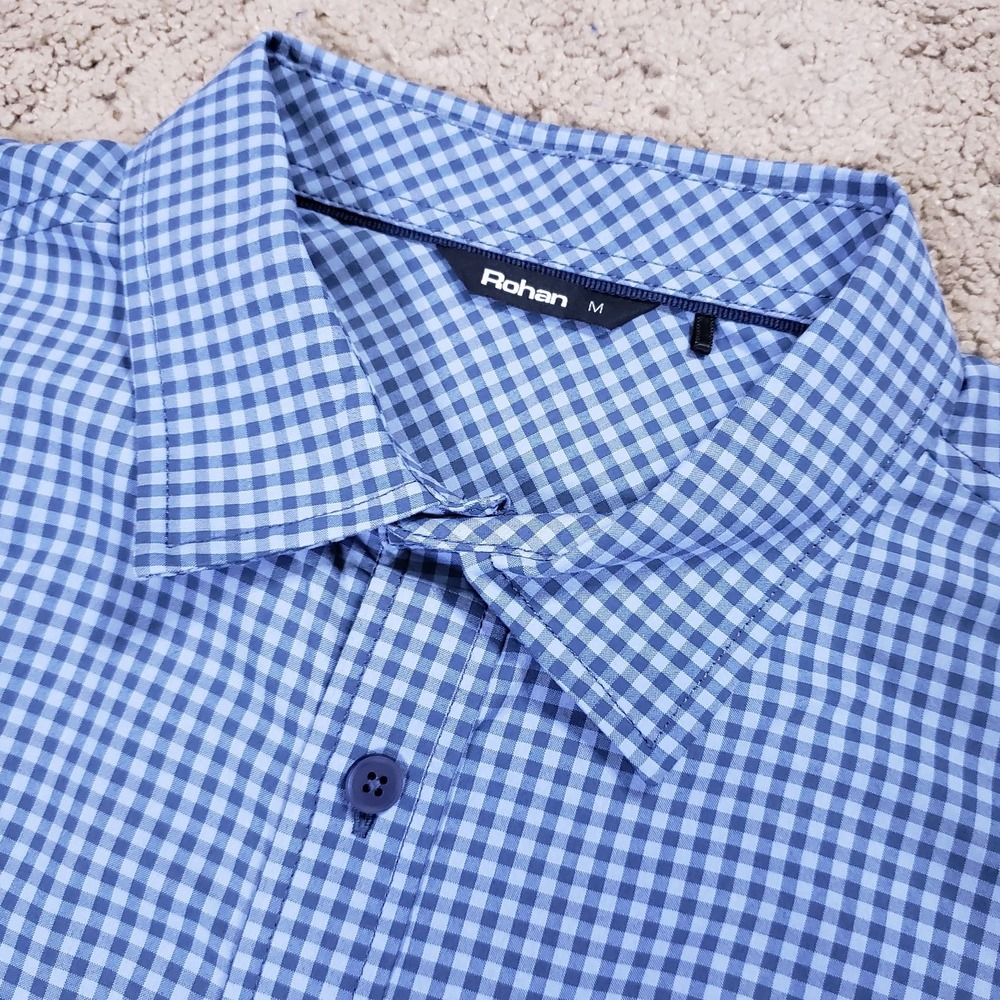 Rohan Portland Shirt Men M Blue Gingham Lightweight UPF 40+ Hiking Trek Tech